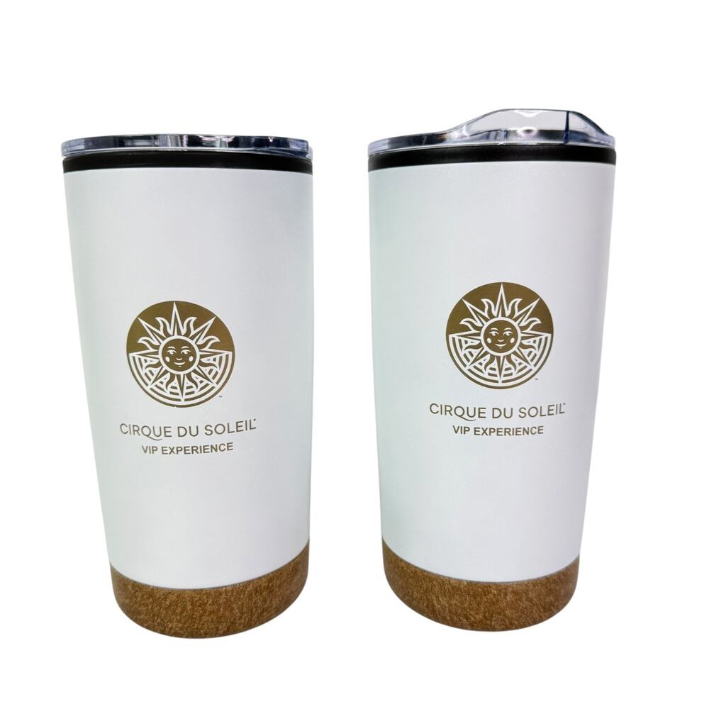 Two Cirque Du Soleil White and Gold VIP Experience Tumbler Coffee Cup Mug 20oz